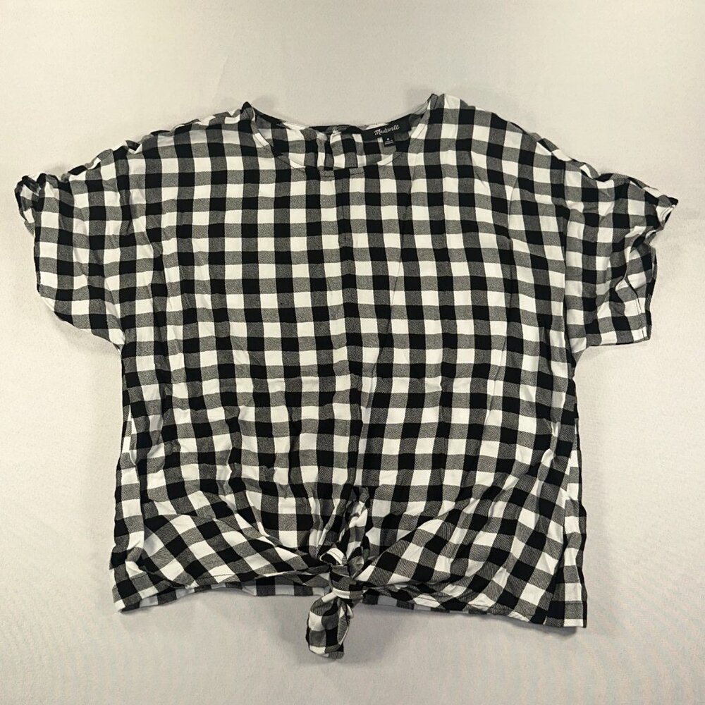 Madewell Buffalo Check black & White Button Back Tie Tee Blouse Medium - Picture 6 of 11